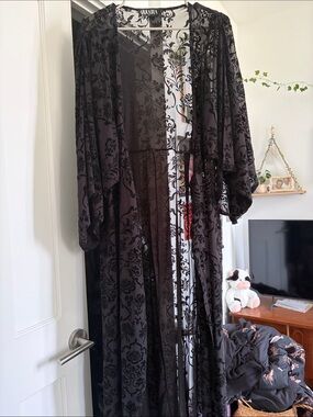 Black Sheer Velvet Burnout Kimono by Aradia
